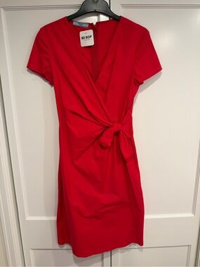 Authentic Prada Milano Red Stretch Poplin Wrap Sheath Dress
